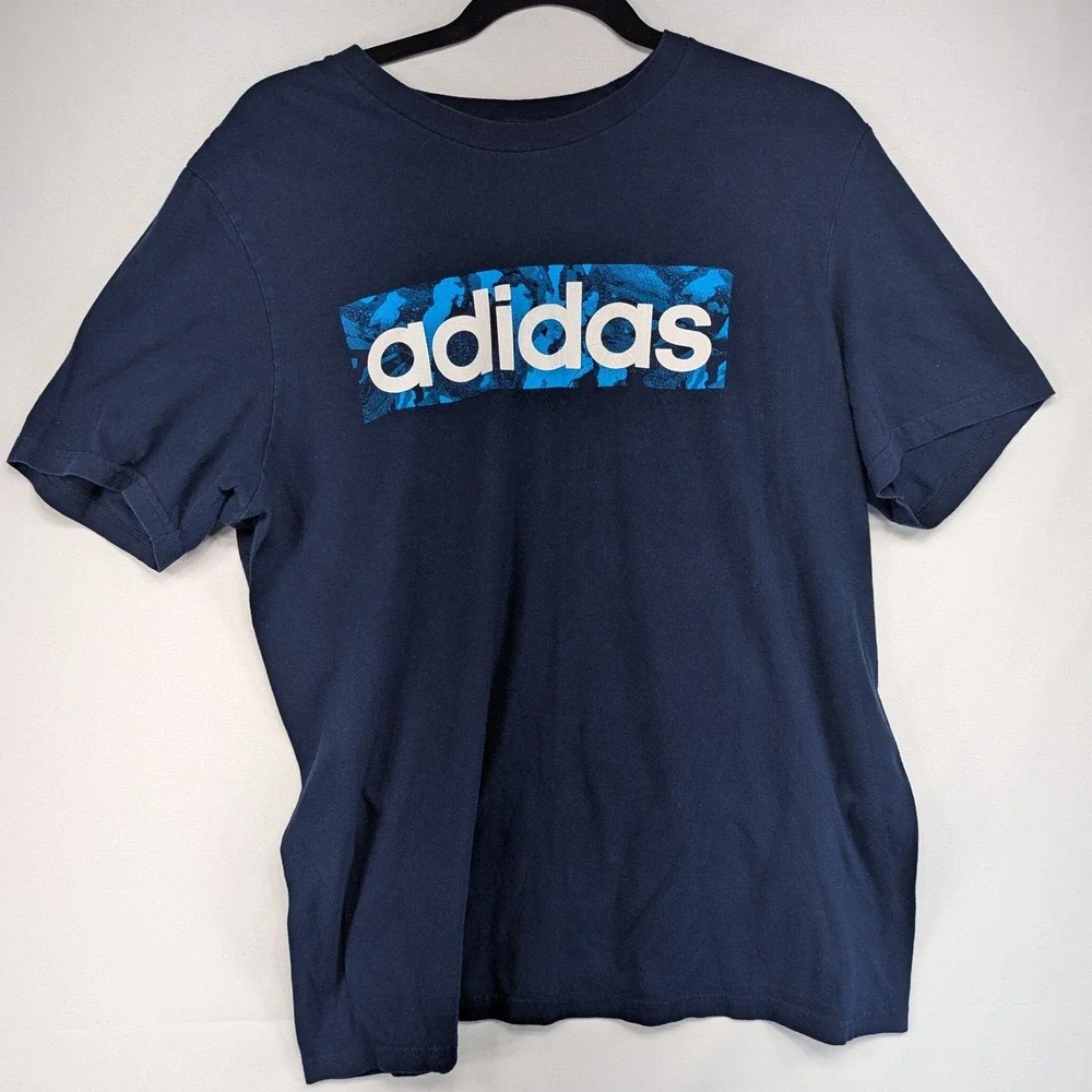 Adidas Navy Blue T‎ Shirt Large Logo Graphic Short Sleeve Casual Men's L
